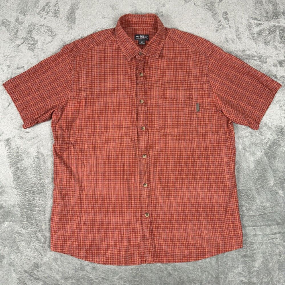 Woolrich Shirt Men's XL Orange‎ Textured Plaid Pocket Outdoors Hiking Button Up